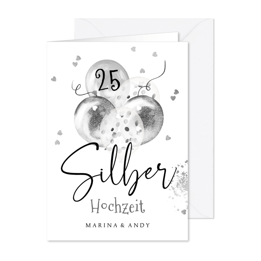Einladung zur Silberhochzeit silberne Luftballons - Kartenvorschau
