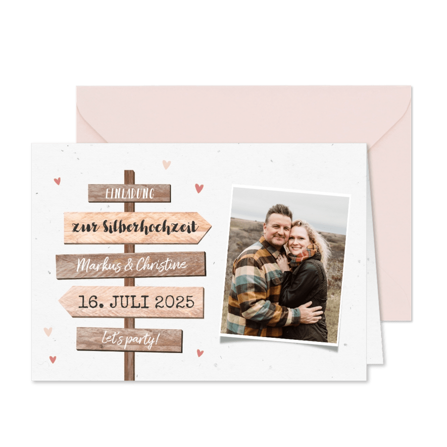 Einladung zur Silberhochzeit Wegweiser und Foto - Karteneindruck