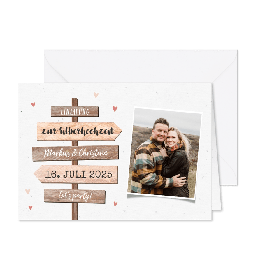 Einladung zur Silberhochzeit Wegweiser und Foto - Karteneindruck