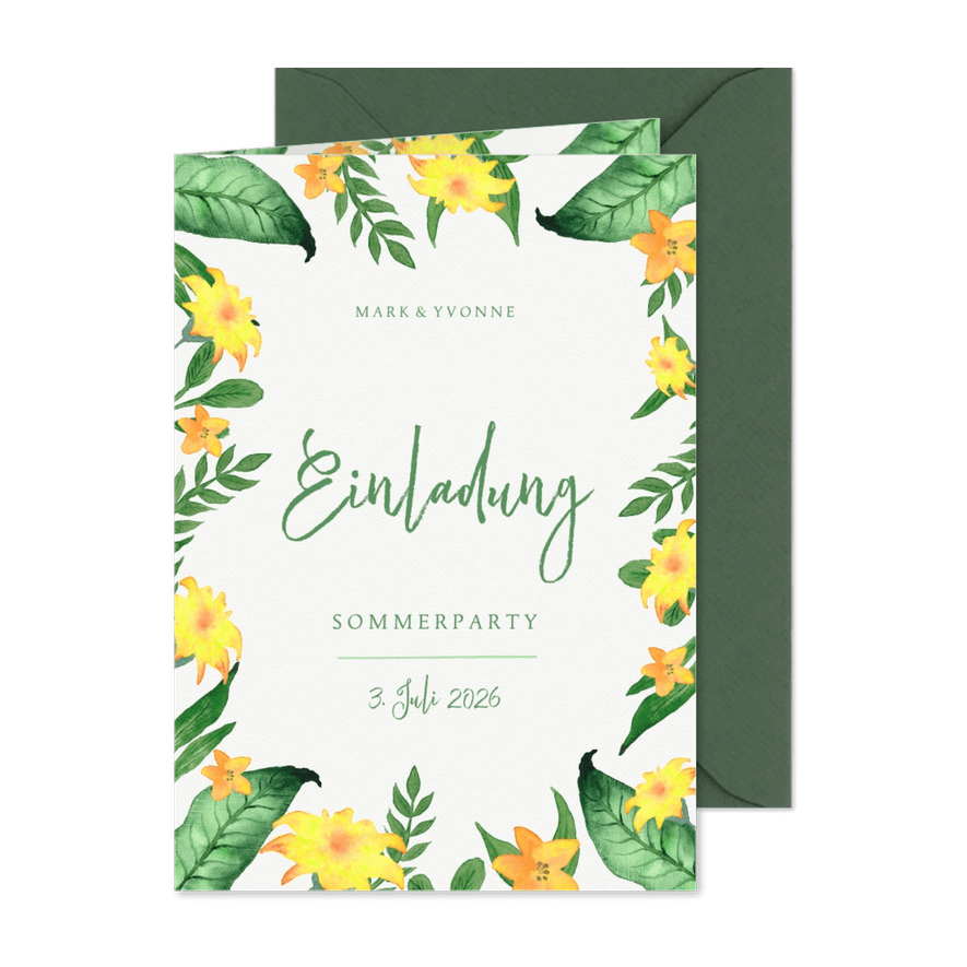 Einladung zur Sommerparty Blumen grüngelb - Karteneindruck
