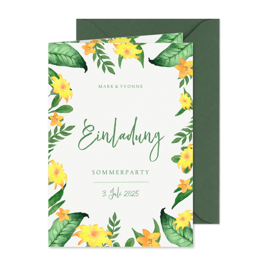 Einladung zur Sommerparty Blumen grüngelb - Karteneindruck