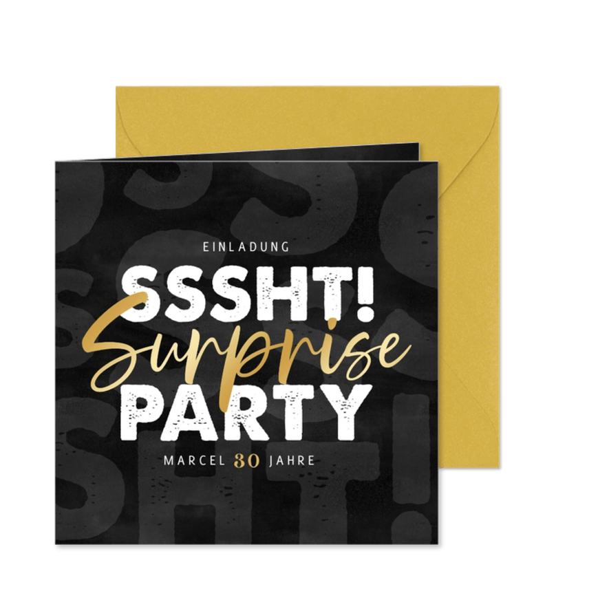 Einladung zur Surpriseparty Goldlook auf Schwarz - Karteneindruck
