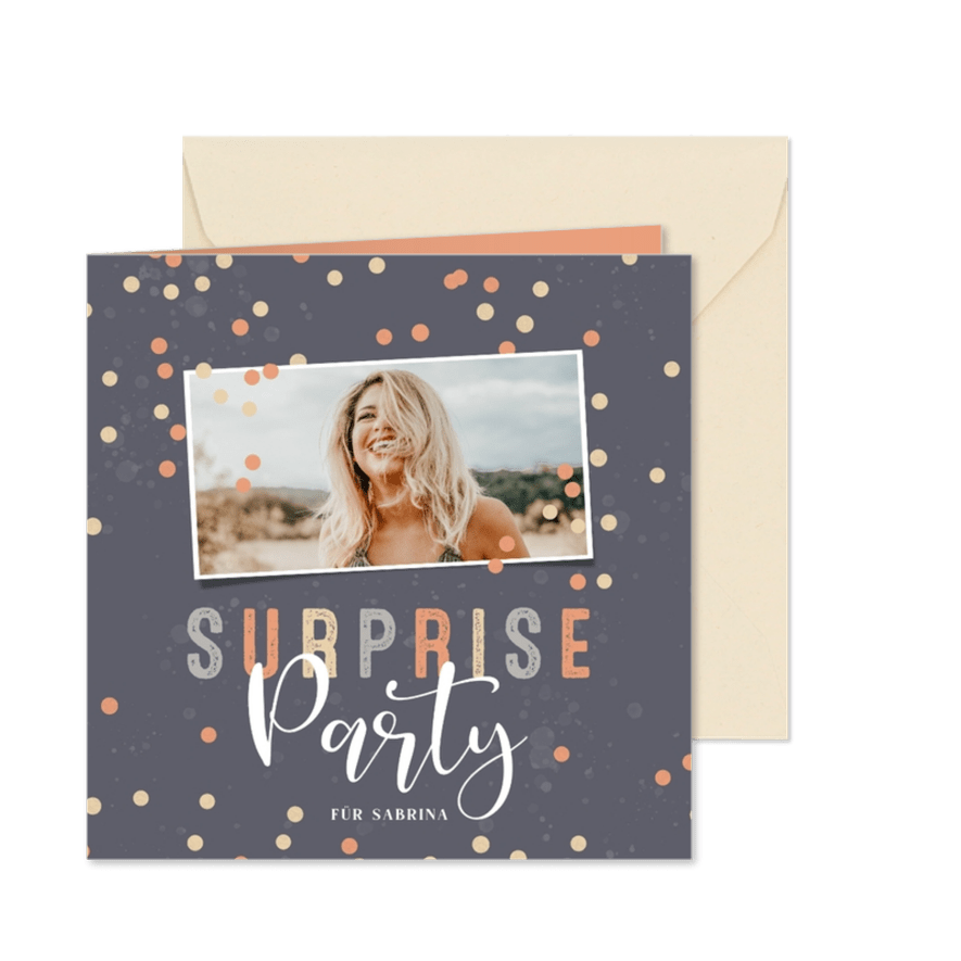 Einladung zur Surpriseparty mit Konfetti & Foto - Karteneindruck
