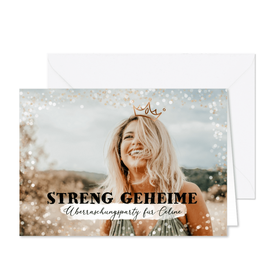 Einladung zur Surpriseparty mit Krone & Konfetti - Karteneindruck
