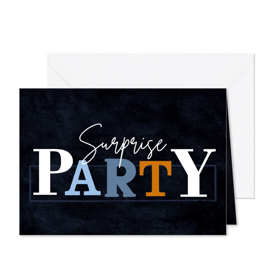 Einladung zur Surpriseparty mit plakativem Schriftzug - Karteneindruck