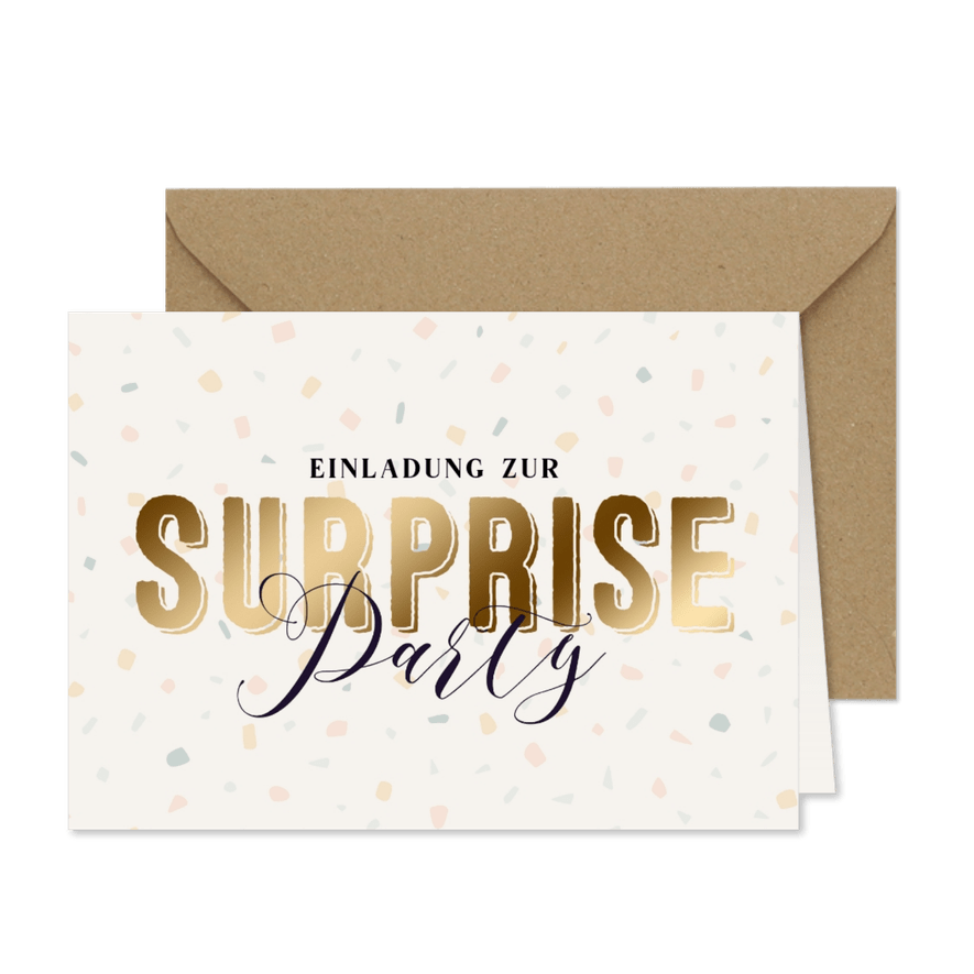 Einladung zur Surpriseparty mit Schriftzug im Goldlook - Karteneindruck