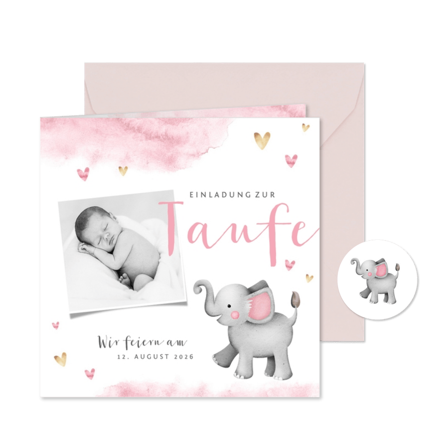 Einladung zur Taufe Aquarell mit Foto, Herzen und Elefant - Kartenvorschau
