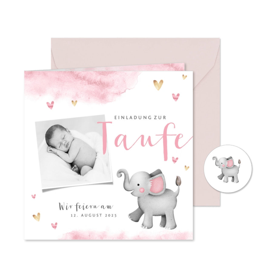 Einladung zur Taufe Aquarell mit Foto, Herzen und Elefant - Karteneindruck
