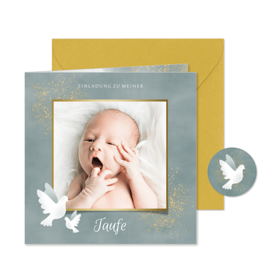 Einladung zur Taufe blau Aquarell mit Foto und Tauben - Karteneindruck
