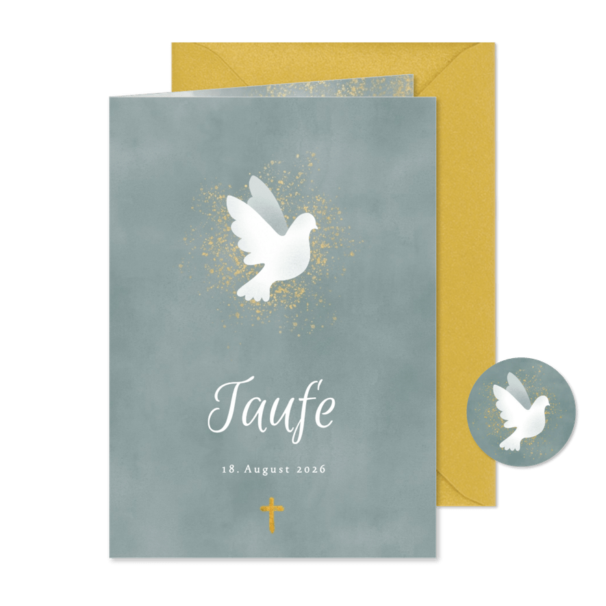Einladung zur Taufe blau Aquarell mit Taube und Kreuz - Karteneindruck
