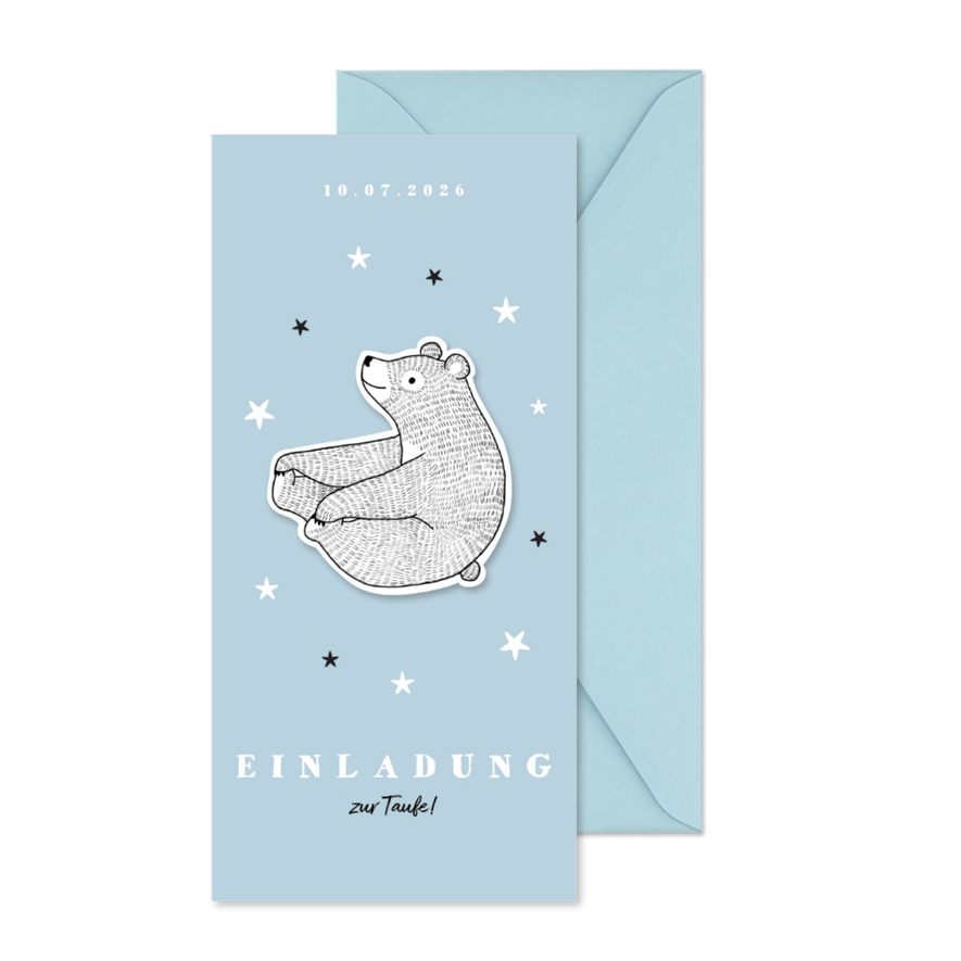 Einladung zur Taufe blau Bär und Sterne - Karteneindruck
