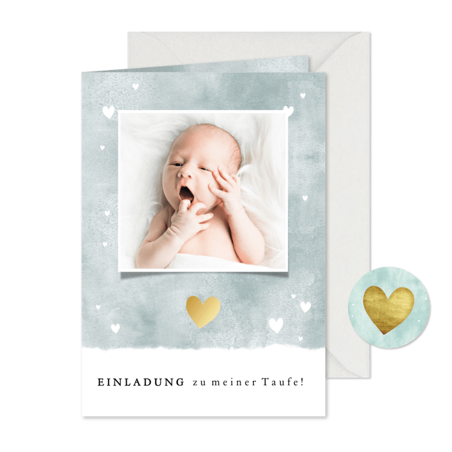 Einladung zur Taufe blau mit Foto und Herzen - Karteneindruck