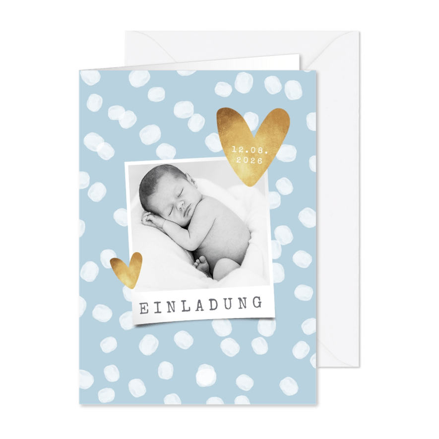 Einladung zur Taufe blau mit Punkten und Foto - Karteneindruck
