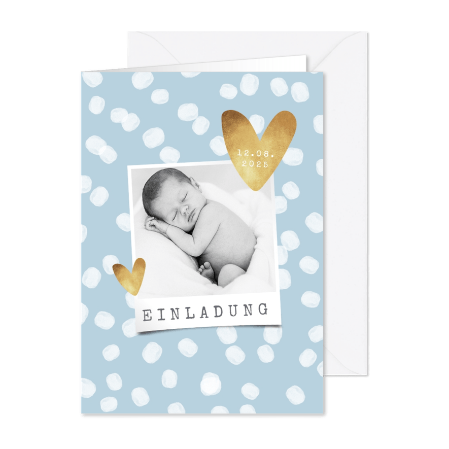 Einladung zur Taufe blau mit Punkten und Foto - Karteneindruck