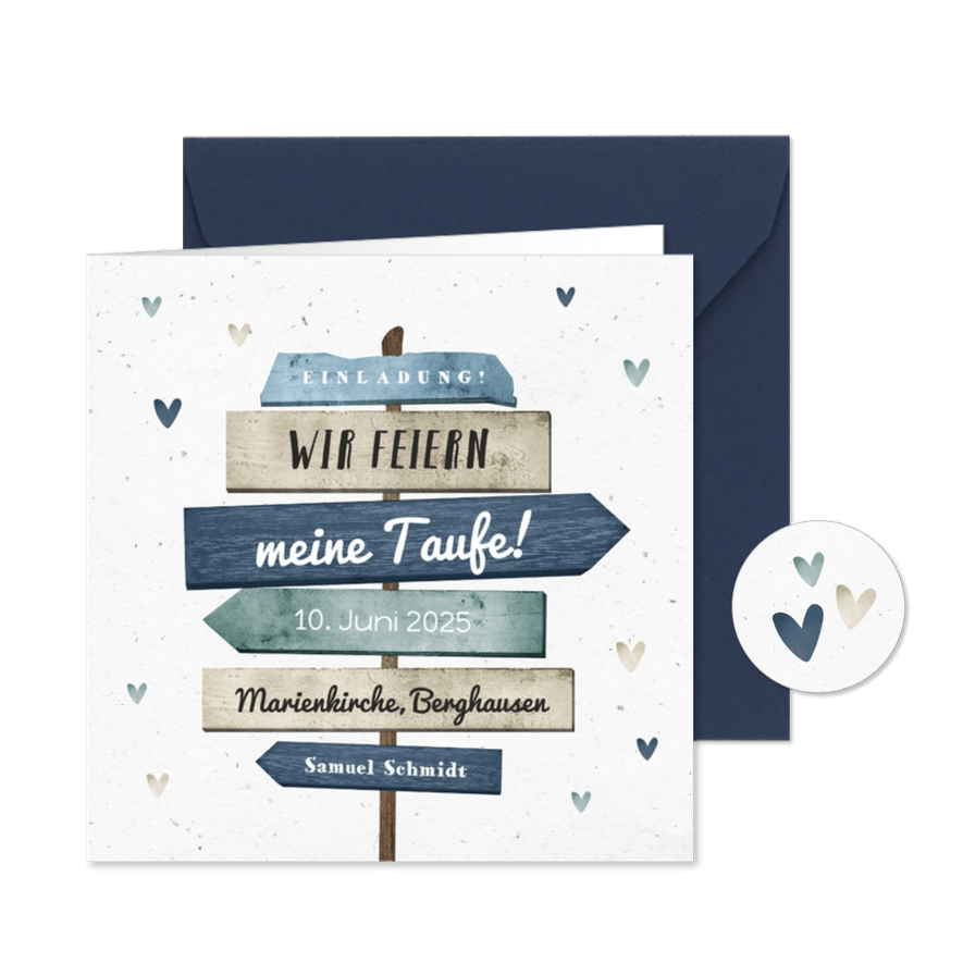 Einladung zur Taufe blau Wegweiser und Herzen - Karteneindruck