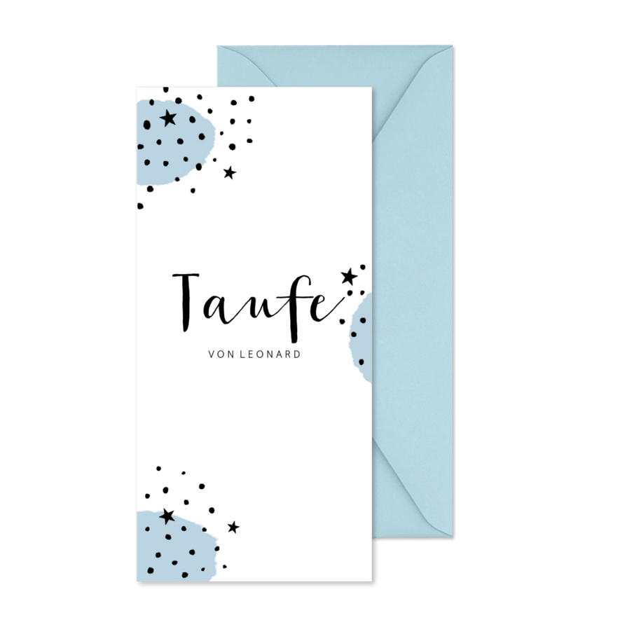 Einladung zur Taufe blau-weiß mit Punkten und Sternen - Karteneindruck