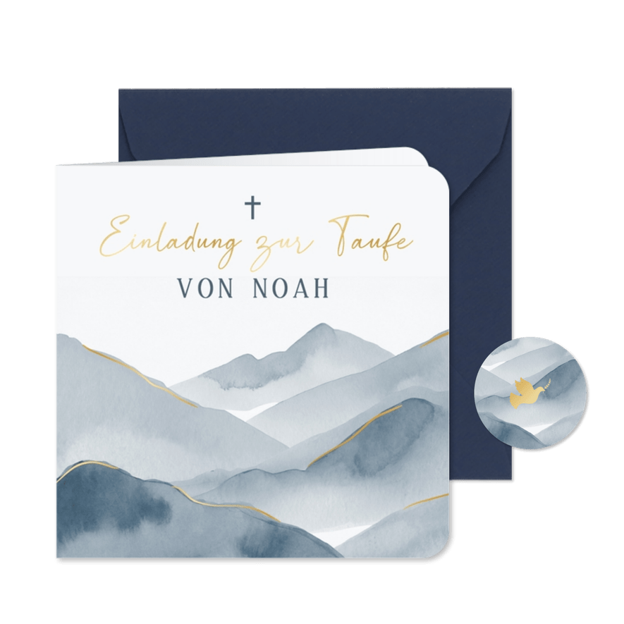 Einladung zur Taufe blaue Berge Aquarell - Kartenvorschau