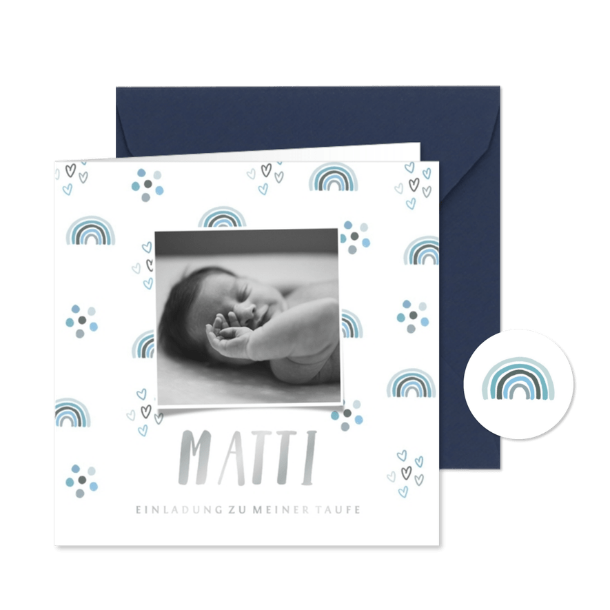 Einladung zur Taufe blauer Regenbogen und Foto - Karteneindruck