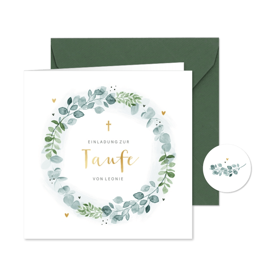 Einladung zur Taufe botanischer Blumenkranz - Karteneindruck