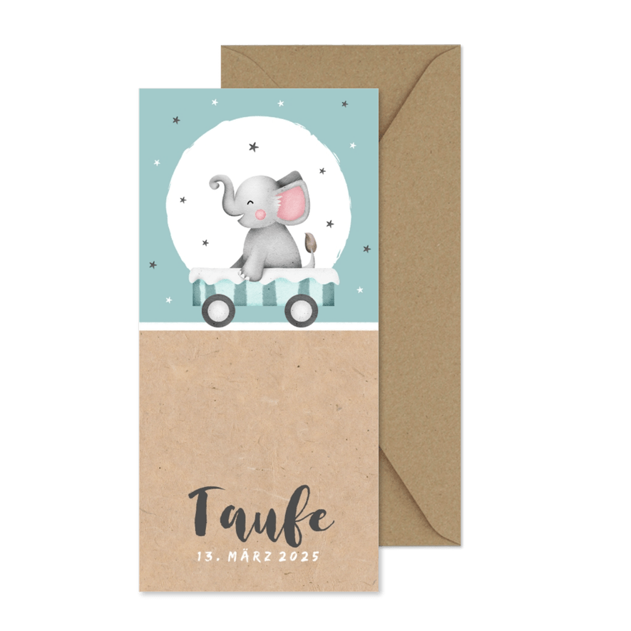 Einladung zur Taufe Elefant in Wagen blau - Karteneindruck

