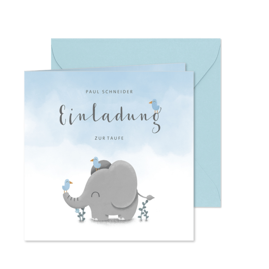 Einladung zur Taufe Elefant & Vögel blau - Karteneindruck