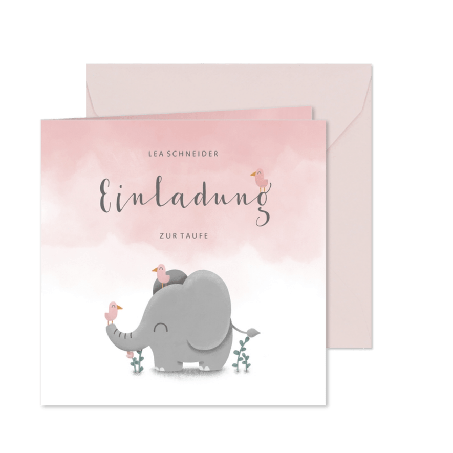 Einladung zur Taufe Elefant & Vögel rosa - Karteneindruck

