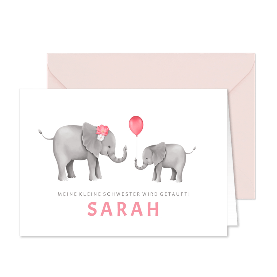 Einladung zur Taufe Elefanten mit rosa Luftballon - Karteneindruck
