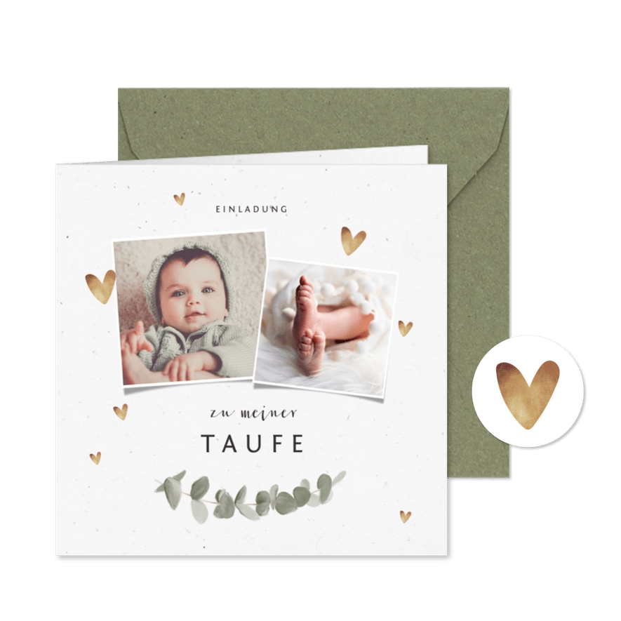 Einladung zur Taufe Eukalyptus, Fotos und Herzen - Karteneindruck
