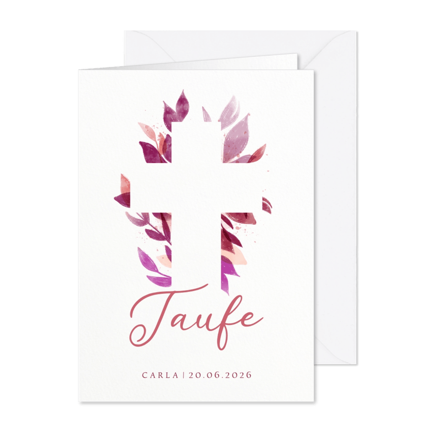 Einladung zur Taufe florales Kreuz pink - Karteneindruck
