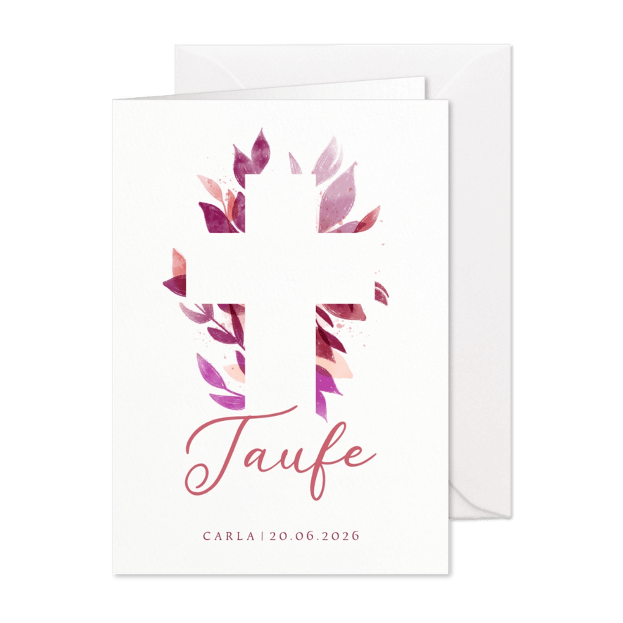 Einladung zur Taufe florales Kreuz pink - Karteneindruck
