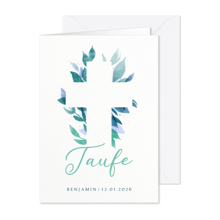 Einladung zur Taufe florales Kreuz - Karteneindruck
