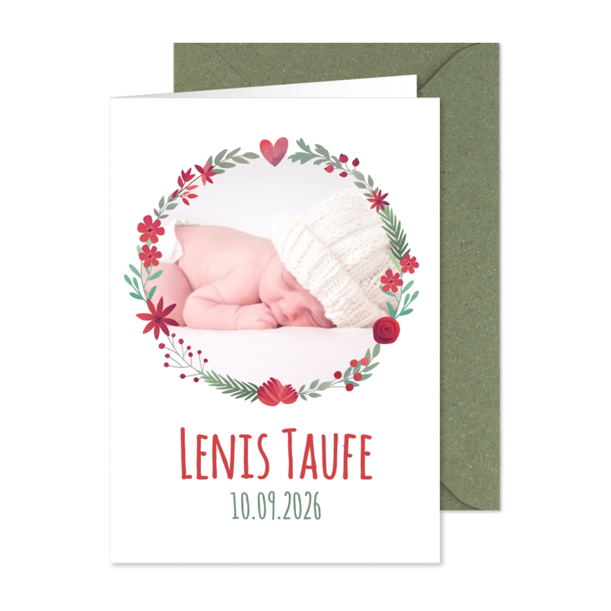 Einladung zur Taufe Foto im Blumenkranz - Karteneindruck
