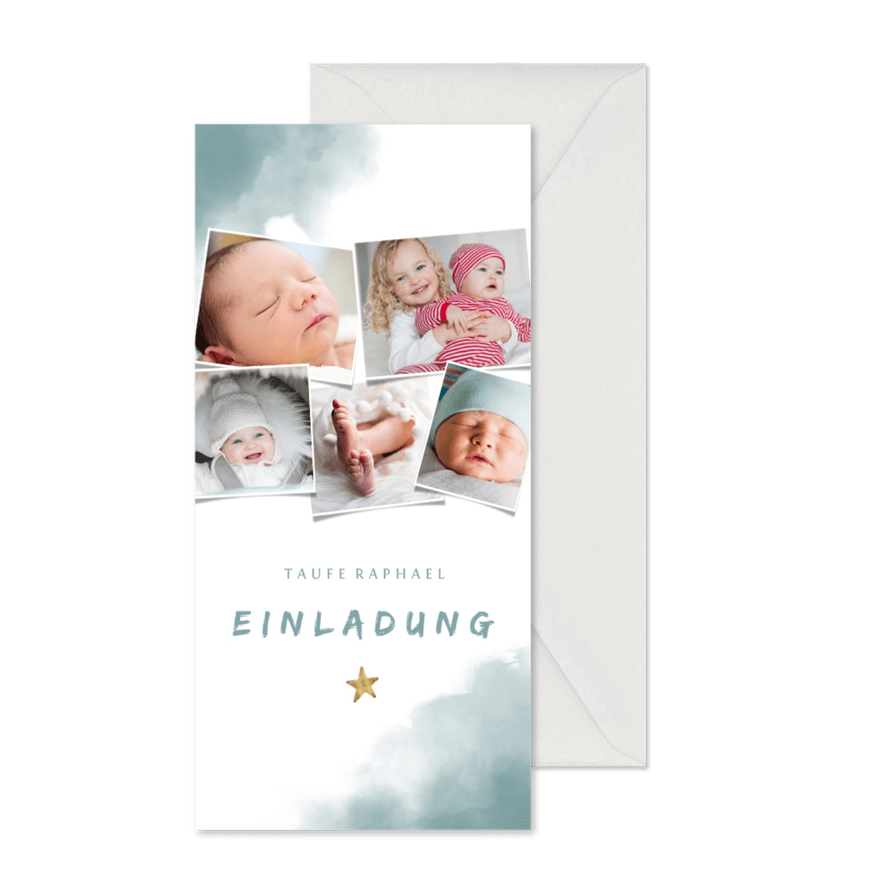 Einladung zur Taufe Fotocollage blaues Aquarell - Kartenvorschau