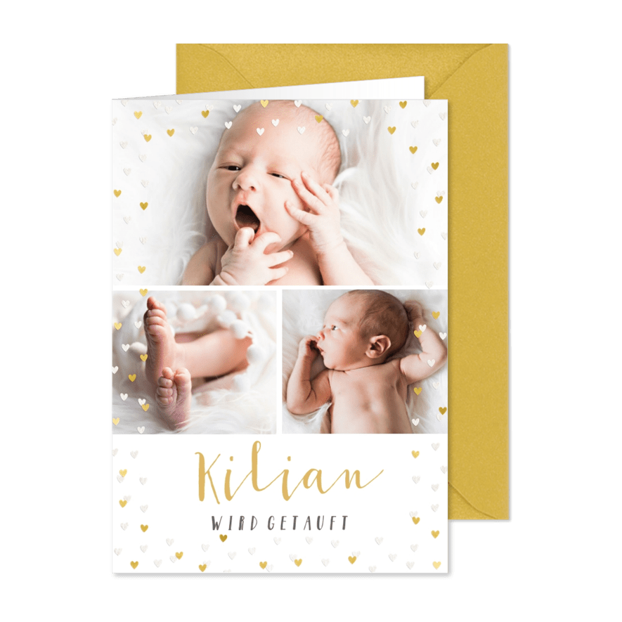 Einladung zur Taufe Fotocollage Herzen - Karteneindruck
