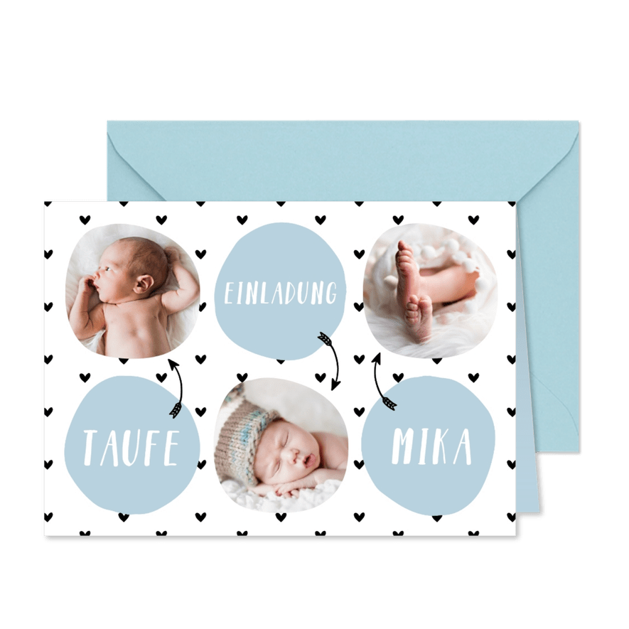 Einladung zur Taufe Fotos und hellblaue Kreise - Karteneindruck
