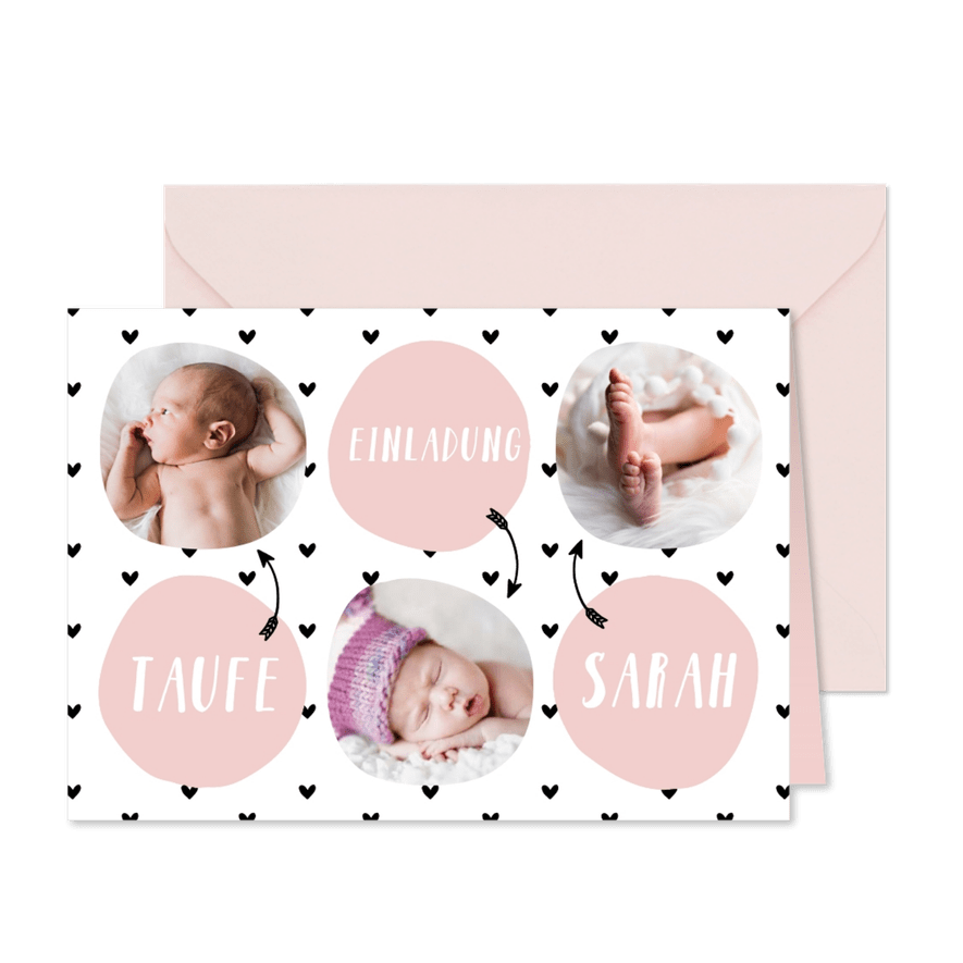Einladung zur Taufe Fotos und rosa Kreise - Karteneindruck