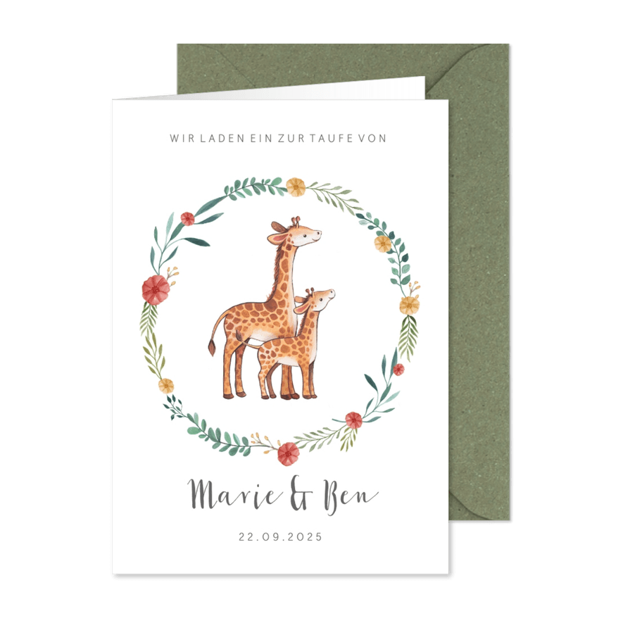 Einladung zur Taufe Geschwister Giraffen im Blumenkranz - Karteneindruck