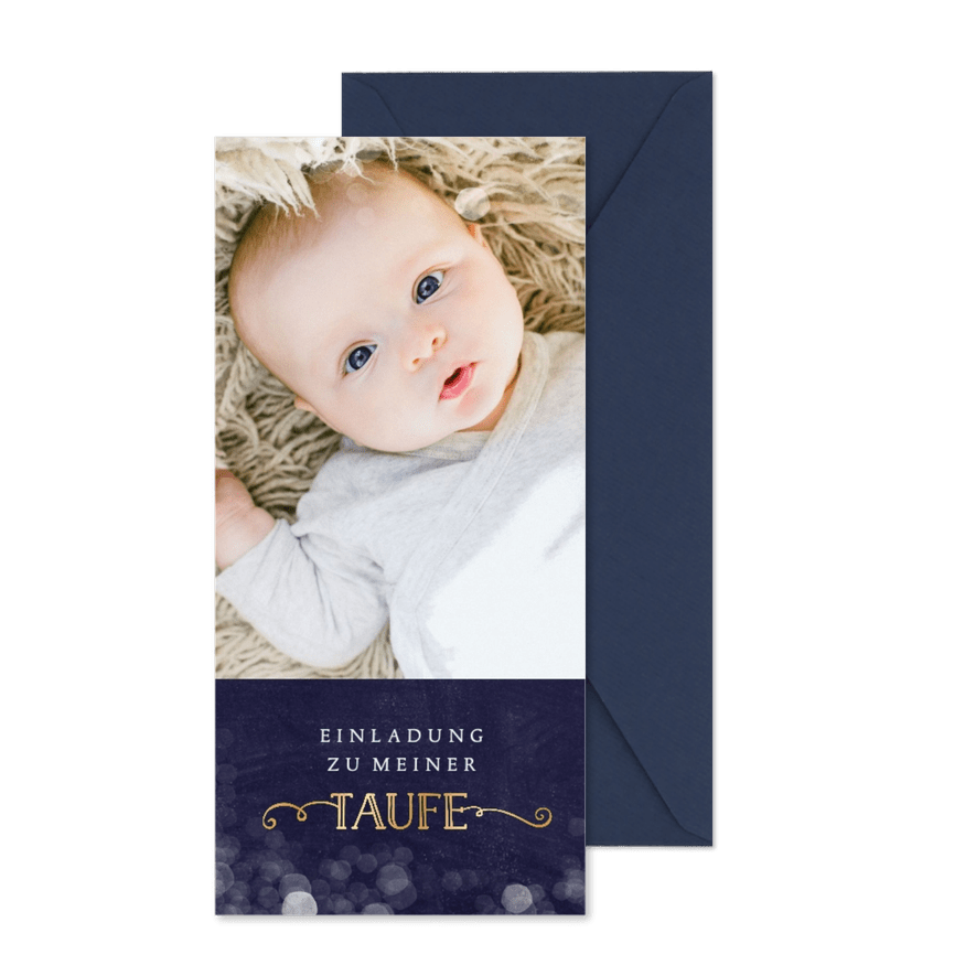 Einladung zur Taufe großes Foto dunkelblau - Karteneindruck
