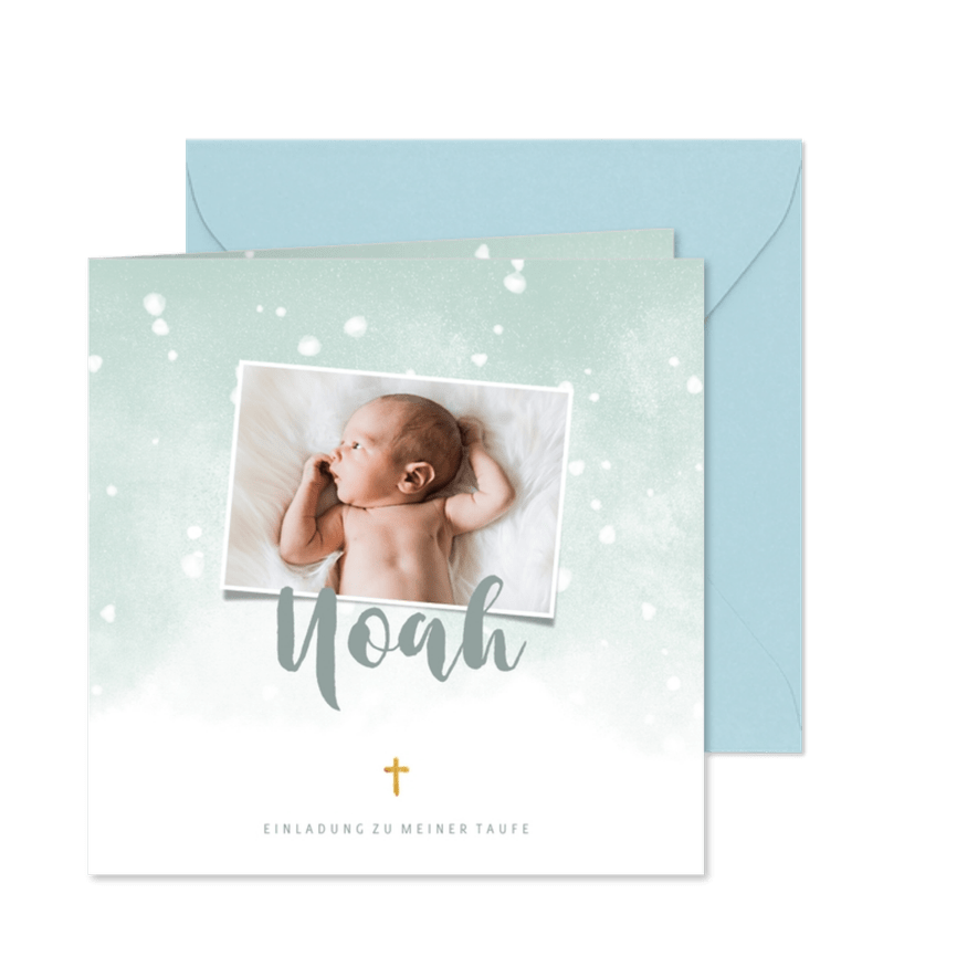 Einladung zur Taufe hellgrün Foto und Schneeflocken - Karteneindruck
