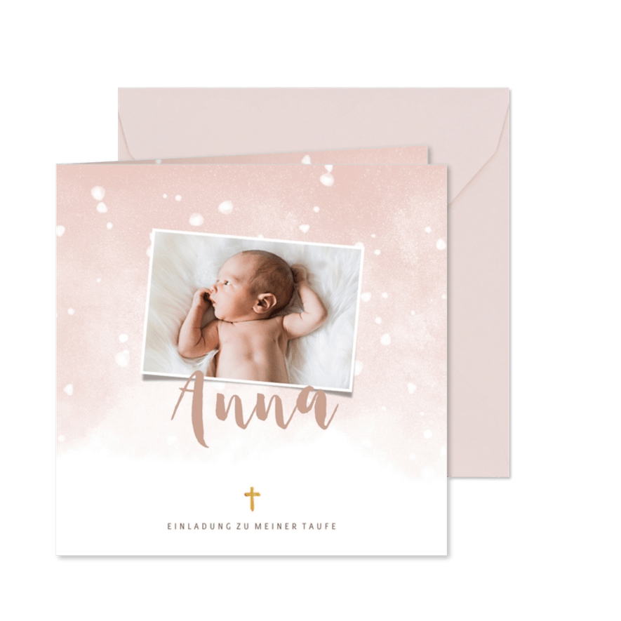 Einladung zur Taufe hellrosa Foto und Schneeflocken - Karteneindruck
