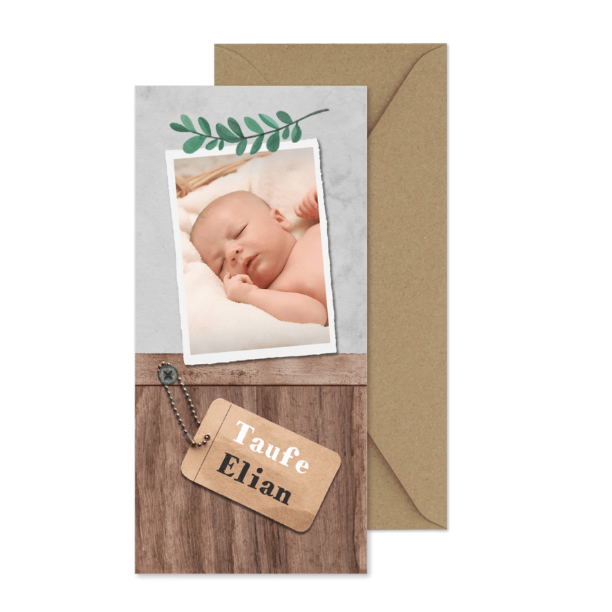Einladung zur Taufe Holzlook mit Foto und Anhänger - Karteneindruck
