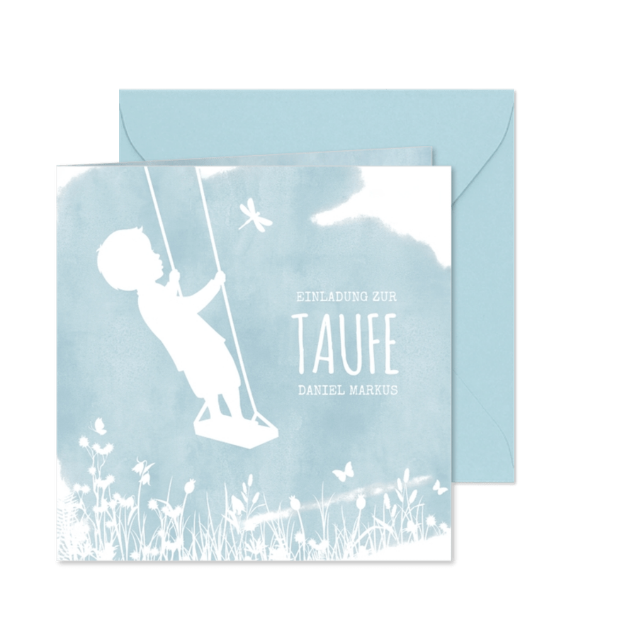 Einladung zur Taufe Junge auf Schaukel Aquarell - Karteneindruck
