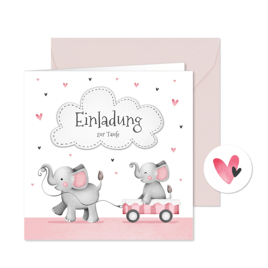 Einladung zur Taufe kleine Schwester Elefanten und Herzen - Karteneindruck