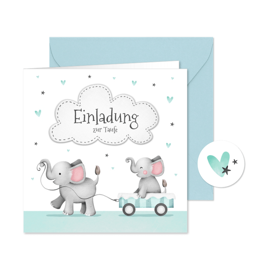 Einladung zur Taufe kleiner Bruder Elefanten und Herzen - Karteneindruck