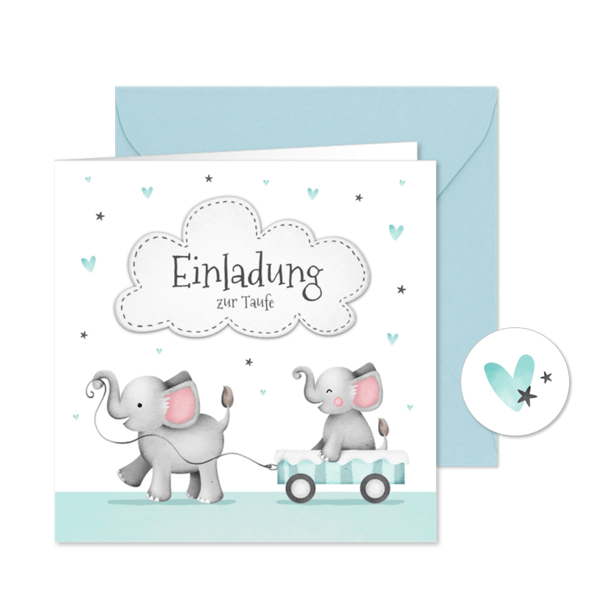 Einladung zur Taufe kleiner Bruder Elefanten und Herzen - Karteneindruck