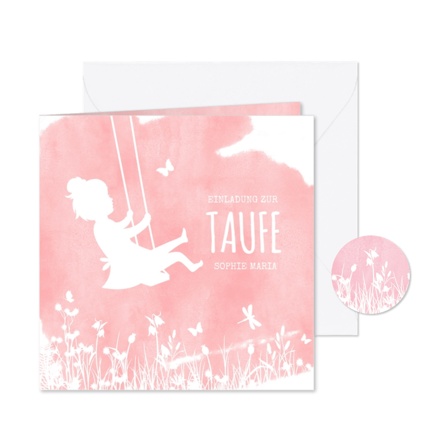 Einladung zur Taufe Mädchen auf Schaukel Aquarell - Karteneindruck