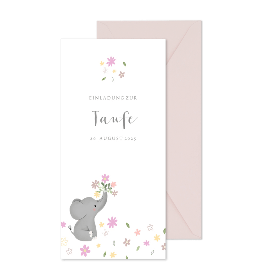 Einladung zur Taufe mit Elefant und Blumen - Karteneindruck