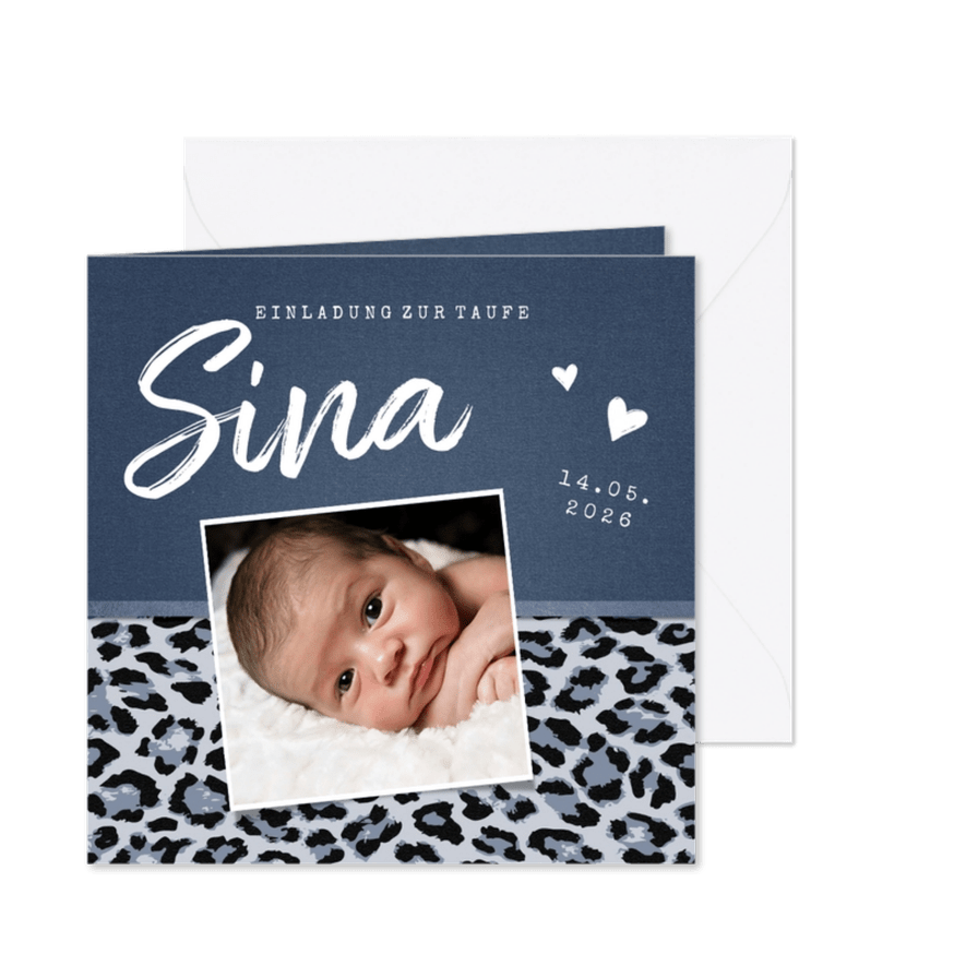 Einladung zur Taufe mit Foto und Leopardenmuster - Karteneindruck
