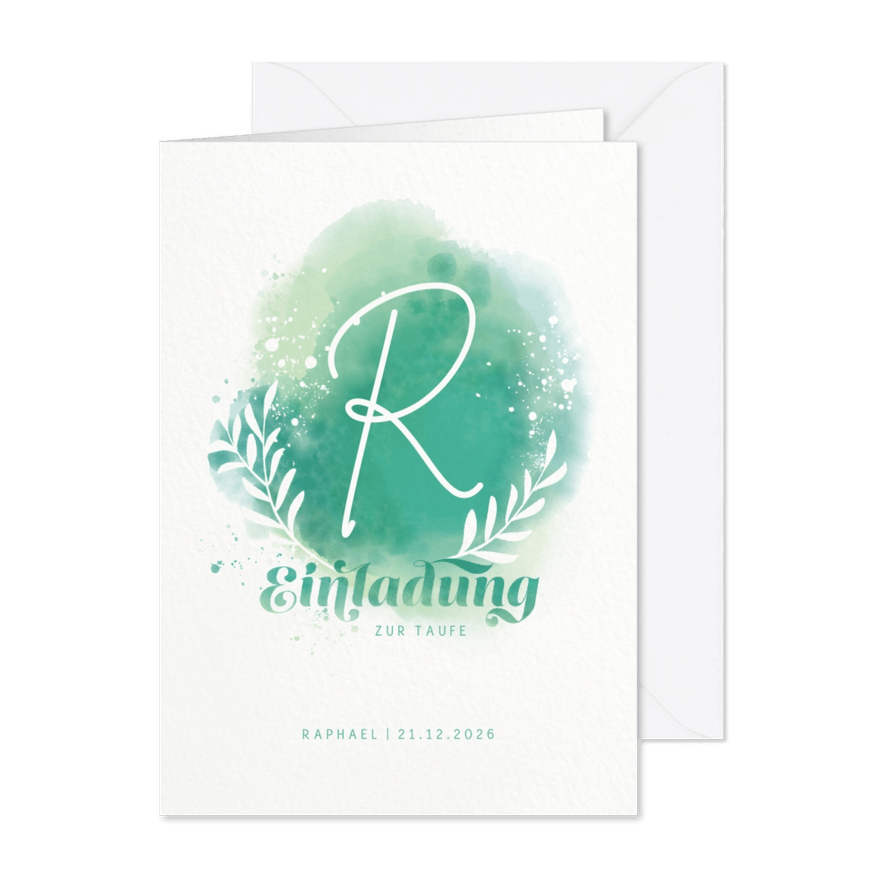 Einladung zur Taufe mit Initialen & Wasserfarbe - Karteneindruck
