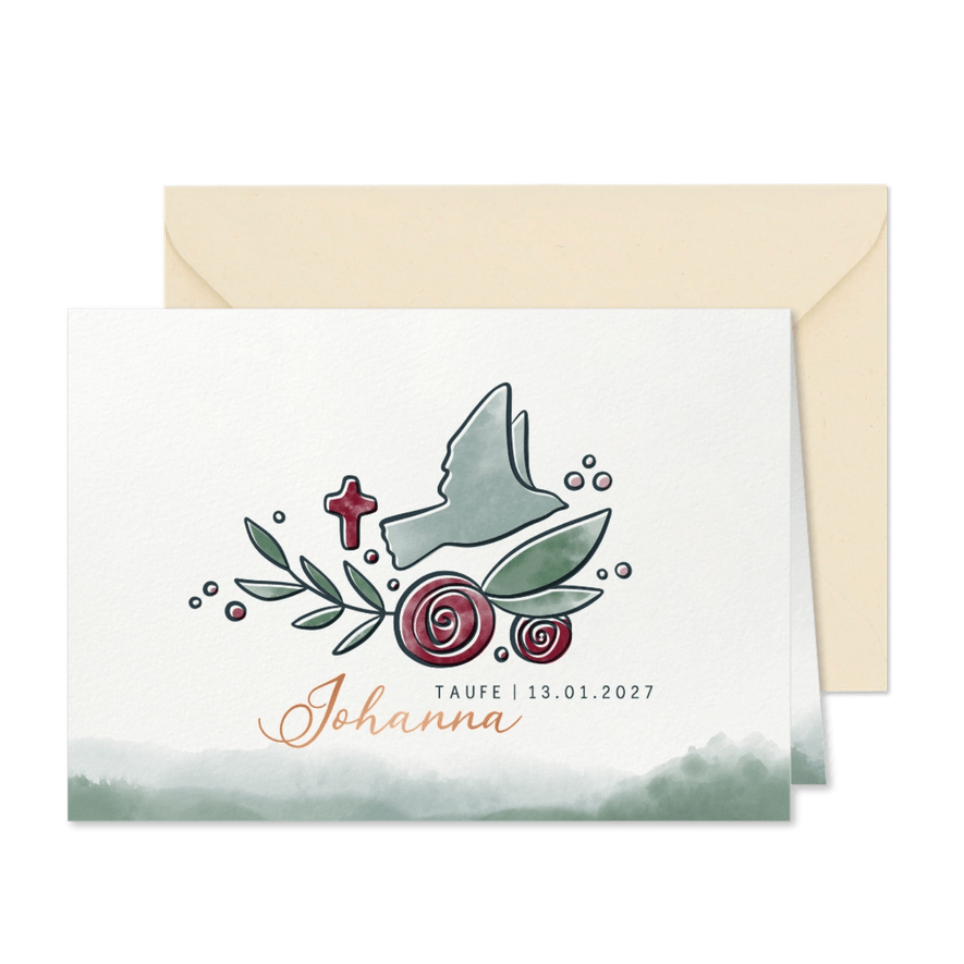 Einladung zur Taufe mit Taube und Rosen - Karteneindruck
